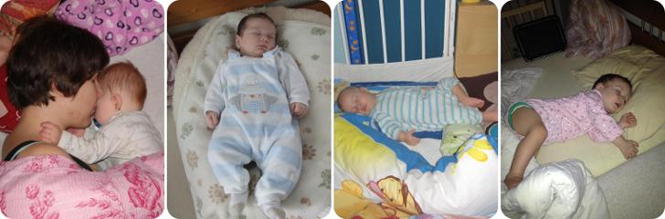 Miminko spící v rodinné posteli přitulené k mamince, miminko spící v pelíšku, miminko spící v postýlce - balkónu, miminko spící v rodinné posteli
