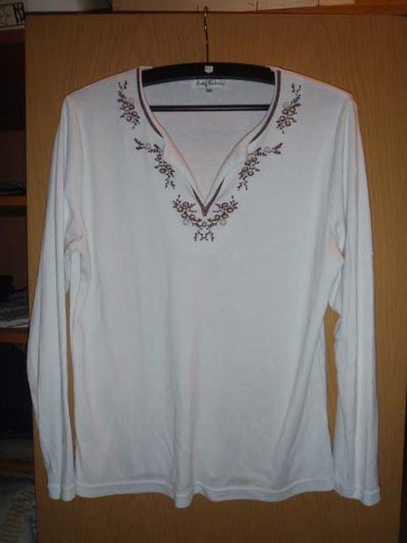 Bílé bavlněné triko s hnědou výšivkou, baty f., xl