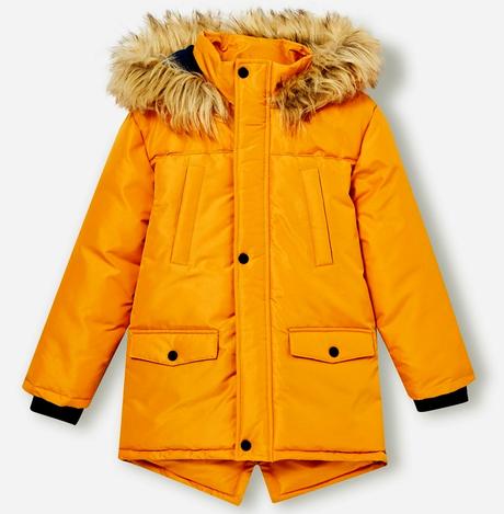 Hořčicová zimní parka s kapucí s kožíškem vel. 152, fox & bunny,152