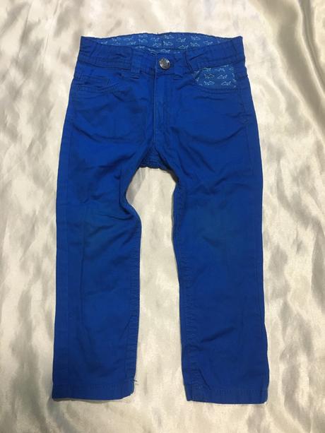 Vel. 92 modré plátěné kalhoty s rybičkama, 92