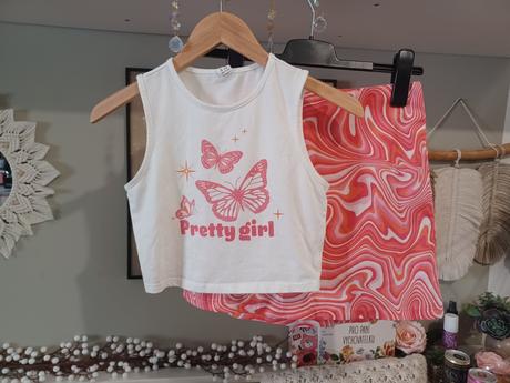 Letní komplet s motýly - croptop + sukně, 158