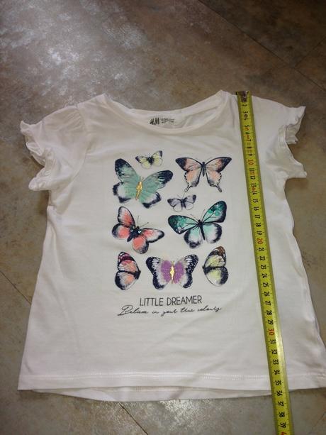 Bílé tričko 3d motýli flitry krajka hm 98cm 2-3rok, h&m,98