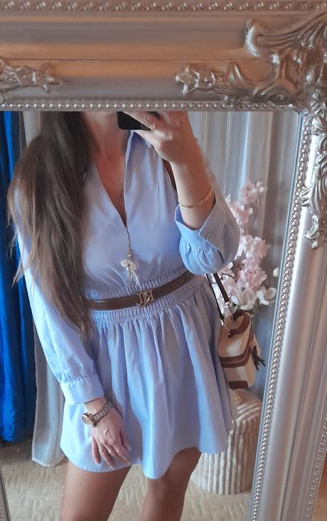 Světle modré košilové mini šaty, l