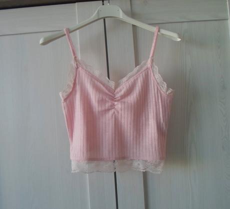 Růžové tričko triko tílko crop top krajkový, new yorker,s