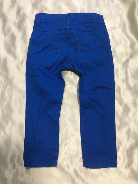 Vel. 92 modré plátěné kalhoty s rybičkama, 92
