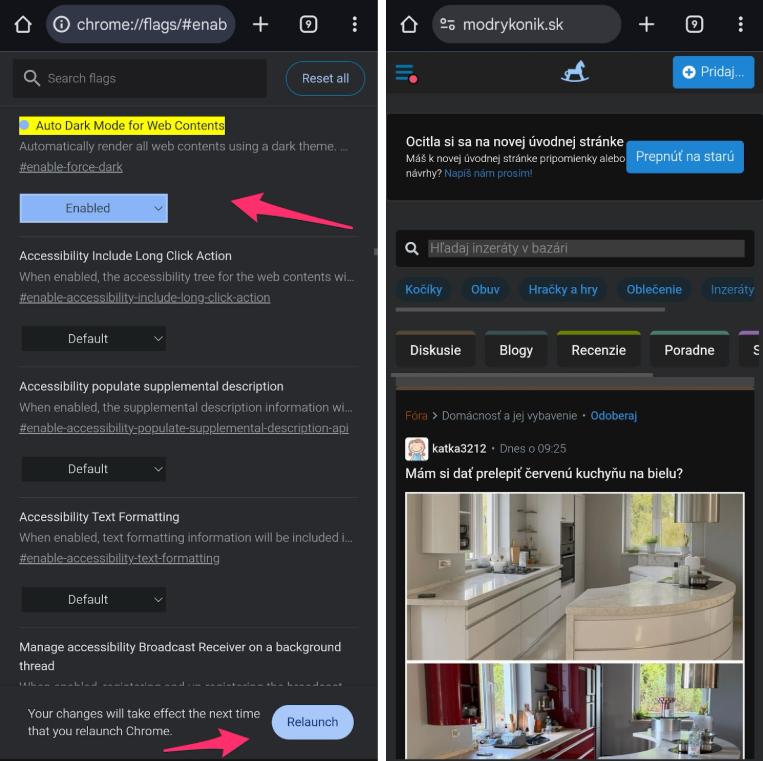 Nastavení Auto Dark Mode v Chrome