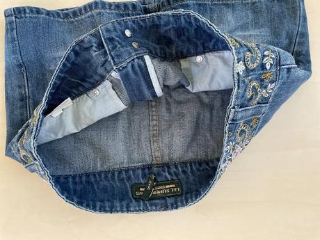 Džínová minisukně s výšivkou v pase, vel 28, l an, s