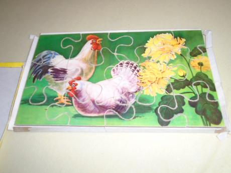 Puzzle dřevěné retro kohoutek a slepička, 