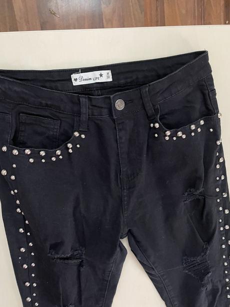 Džíny s cvoky a dřením, spíše menší nebo 7/8, vel, denim,m