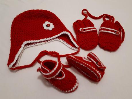 Zimní pletený komplet, čepička, rukavičky, capáčky, 80