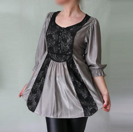 Stříbrošedá tunika s černou krajkou vel.38-40, 38 / m