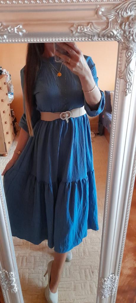 Shein safírové volánové dlouhé šaty, m