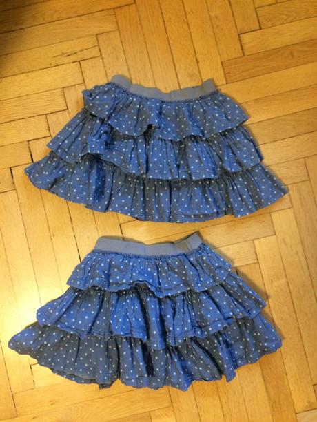 2x džínové volánové sukýnky, 116