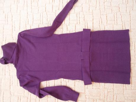 Fialové pletené šaty dlouhý rukáv rolák pásek, 40