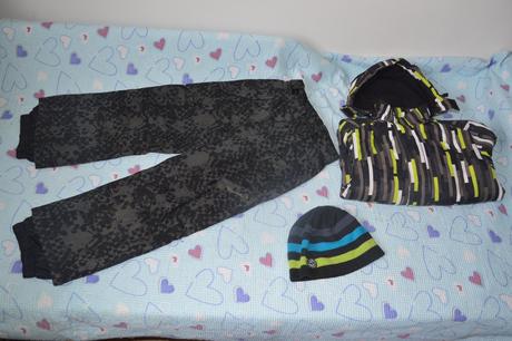 128 134 zimní lyžařská bunda oteplováky čepice, 128