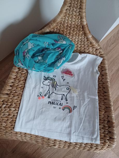 Bílé tričko s jednorožcem + kruhový šátek s jednor, topolino,128