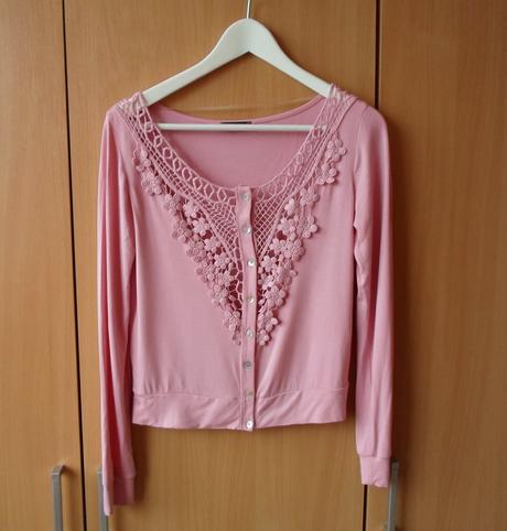Růžový svetr svetřík kadigan cardigan s krajkou, s