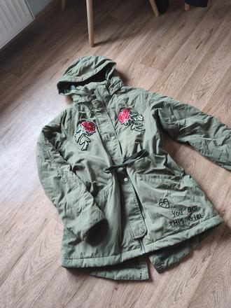 Khaki bunda parka s růžemi 170, s/m, h&m,170