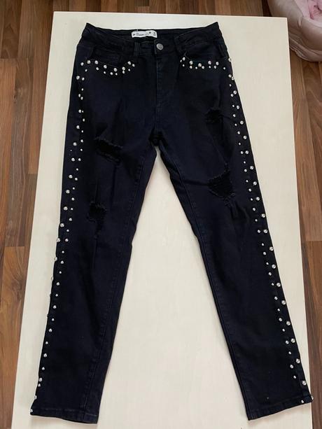 Džíny s cvoky a dřením, spíše menší nebo 7/8, vel, denim,m