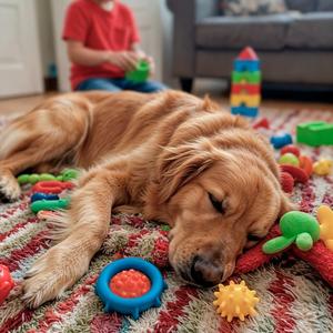 Dětské hračky a pes v domácnosti