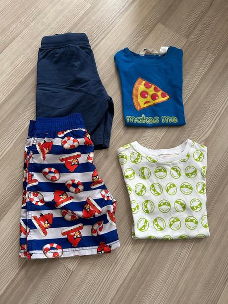 2x trička h&m + kraťasy a plavky lindex, v. 98/104, 86–98