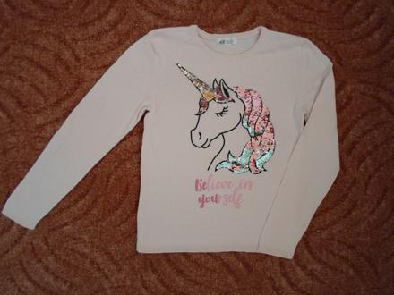 Růžový svetr svetřík s jednorožcem, h&m,146