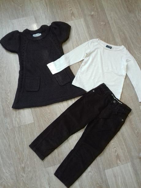 Hnědobéžový komplet - vesta, manžestráky, triko, next,110