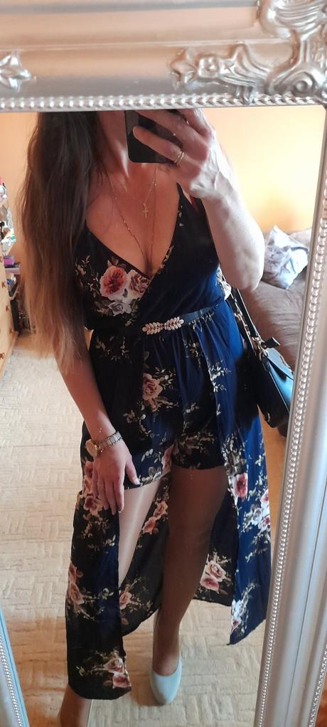 Květovaný krátký overal s vlečkou, xl