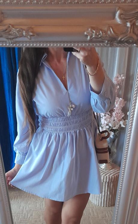 Světle modré košilové mini šaty, l