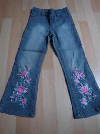Džíny - světle šedé s růžemi, vel. 116, 116