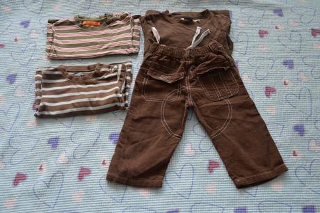 Hnědý set oblečení, manžestrové kalhoty, 3x triko, next,80
