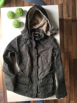 Khaki bunda s vnitřním kožíškem, vel xs/s. logg, h&m,xs