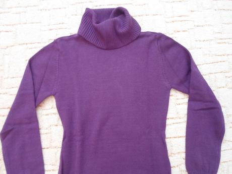 Fialové pletené šaty dlouhý rukáv rolák pásek, 40