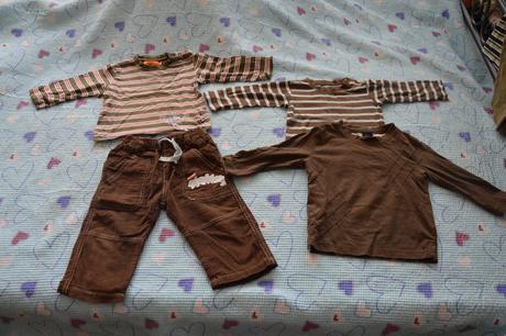 Hnědý set oblečení, manžestrové kalhoty, 3x triko, next,80