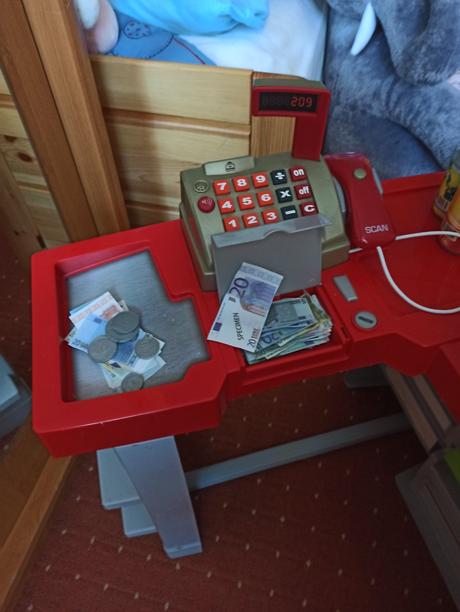 Obchod, kasa, nákupní vozík, 