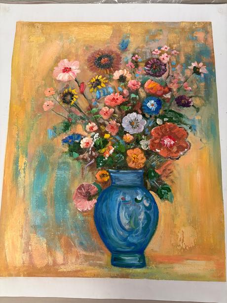 Kvety v tyrkysove vaze - olejomalba 61 x 76 cm,