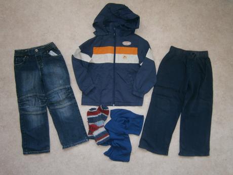 2 x kalhoty + bunda, ponožky, rolák, vel. 116, 104–116