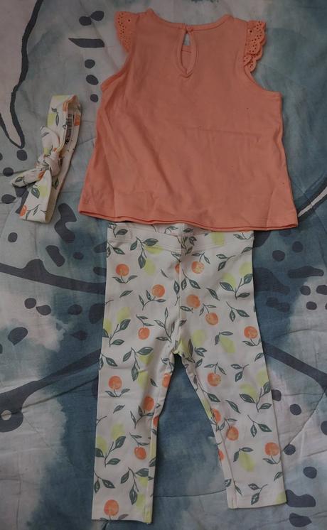 Legíny citrony a pomeranče + top madeira + čelenka, h&m,74