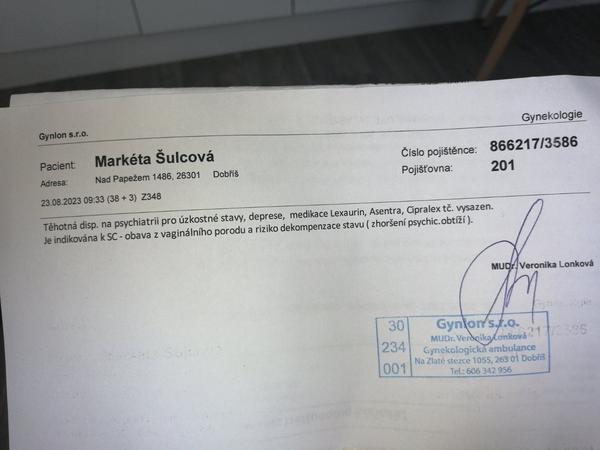 Bude na základě této lékařské zprávy od mé gynekoložky proveden císařský řez?