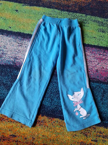 Tyrkysové tepláky s kočkou pěkné vel 98, 98