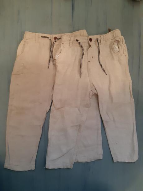 Bavlněné kalhoty s příměsí lnu, vel. 92, 2 kusy, lupilu,92