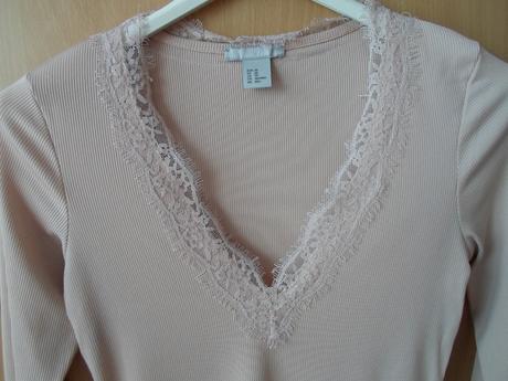 Růžové béžové tričko triko s krajkou dlouhý rukáv, h&m,xs