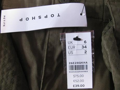 Khaki elastické bavlněné 7/8 kalhoty, topshop,34