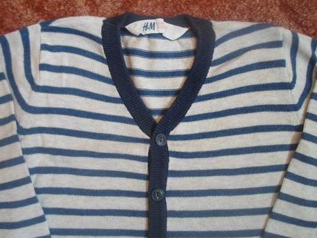 Béžový modrý pruhovan svetr svetřík vesta h&m, h&m,98
