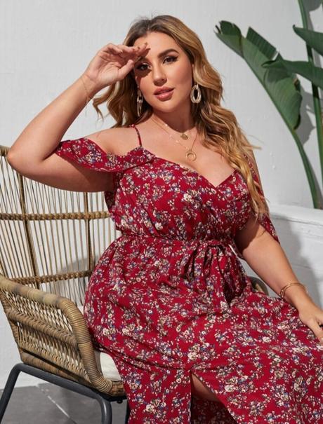 Shein vínové květinové dlouhé šaty s páskem, xl