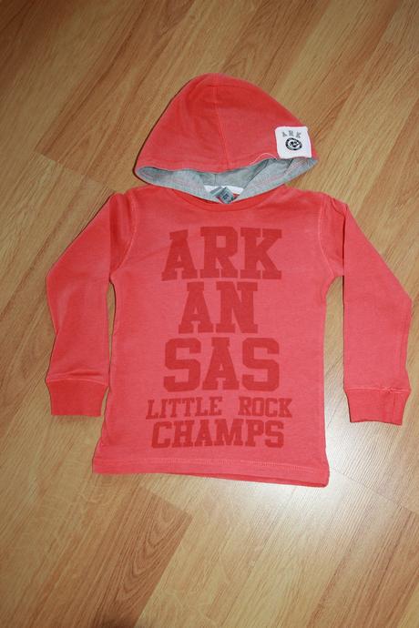 Tričko s kapucí, oranžovo-šedé-nápis, vel. 104, 104