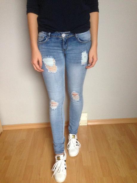 Trhané rifle s páskem, vel. xs a xl, xl / xs