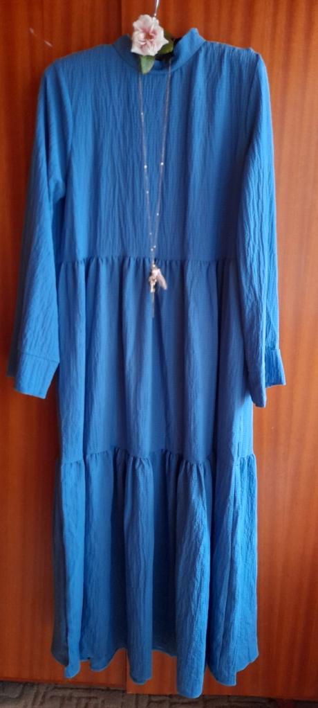 Shein safírové volánové dlouhé šaty, m