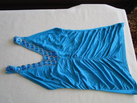 Pěkný modrý bavl. elast. top na ramínka, vel. s, s