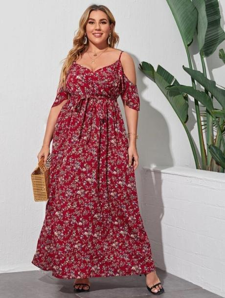 Shein vínové květinové dlouhé šaty s páskem, xl